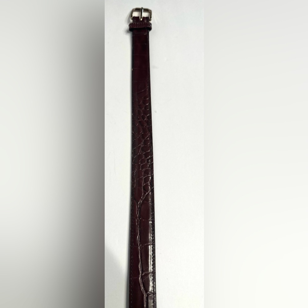 BILL BLASS DESIGNER CORDOVAN BROWN LEATHER BELT, CROCO-EMBOSSED, GOLD BUCKLE, - Picture 12 of 14